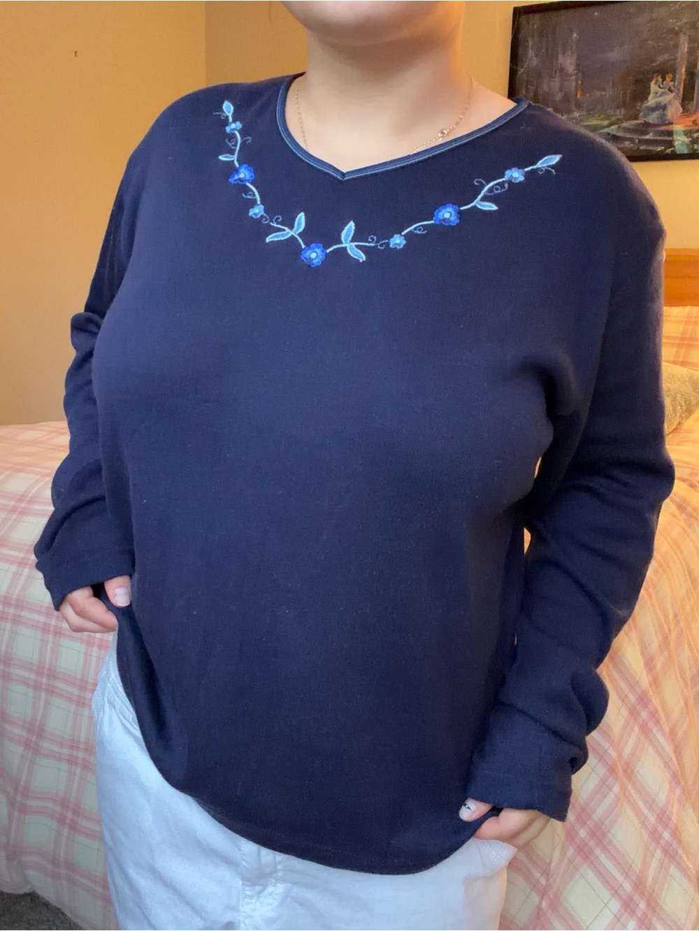 Vintage Y2K Fashion Bug Navy Blue Embroidered Floral Top - Grandmacore V-Neck